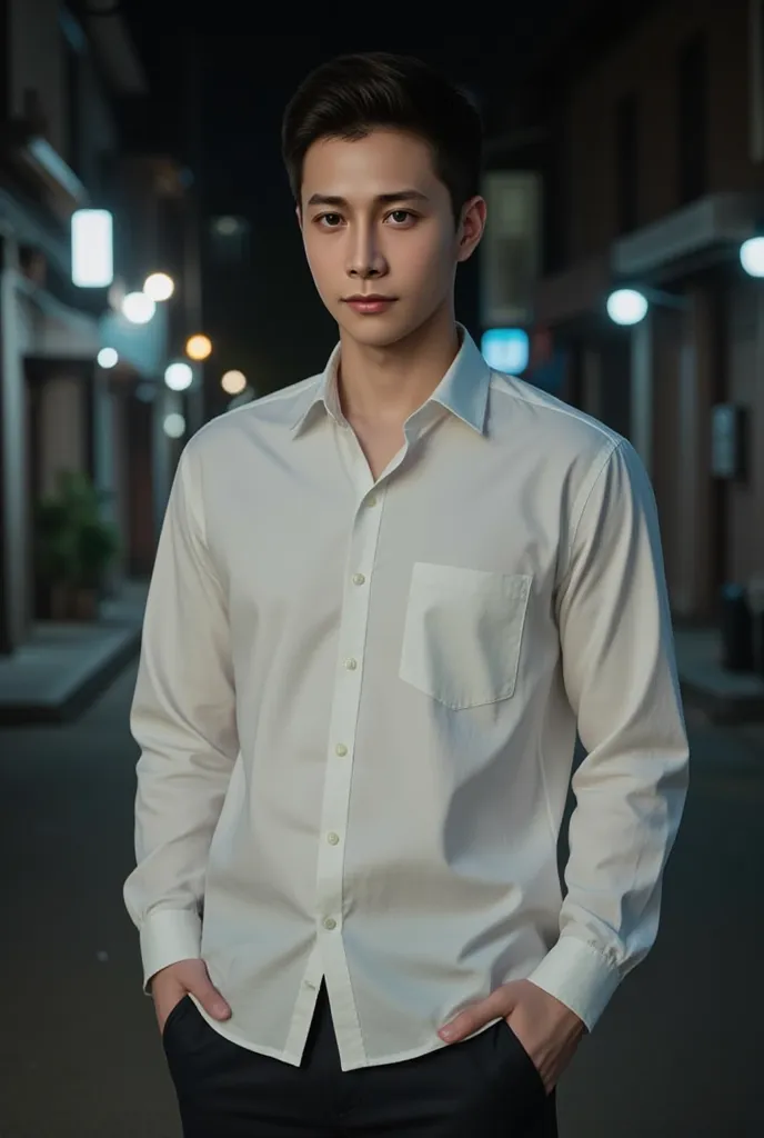 sex, masculine, Age 28 years short hair skin head, (bestquality:1.2, 8k resolution, highres:1.2), (asian, korea, handsome:1.4), White shirt, Short black hair, Good looking, Fair-skinned, Formal dress code, (On the road at night:1.4), nighttime, bar, dim li...