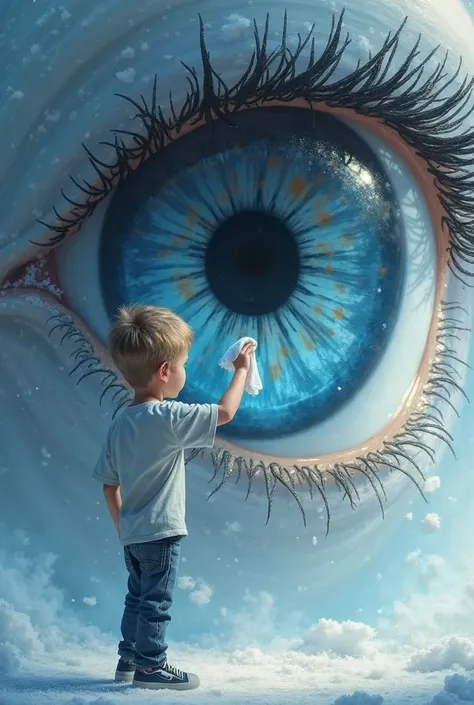 a boy standing infront of a big beautiful ice blue sad eye with big eyelashes ,he wipe the tears away with a cloth 