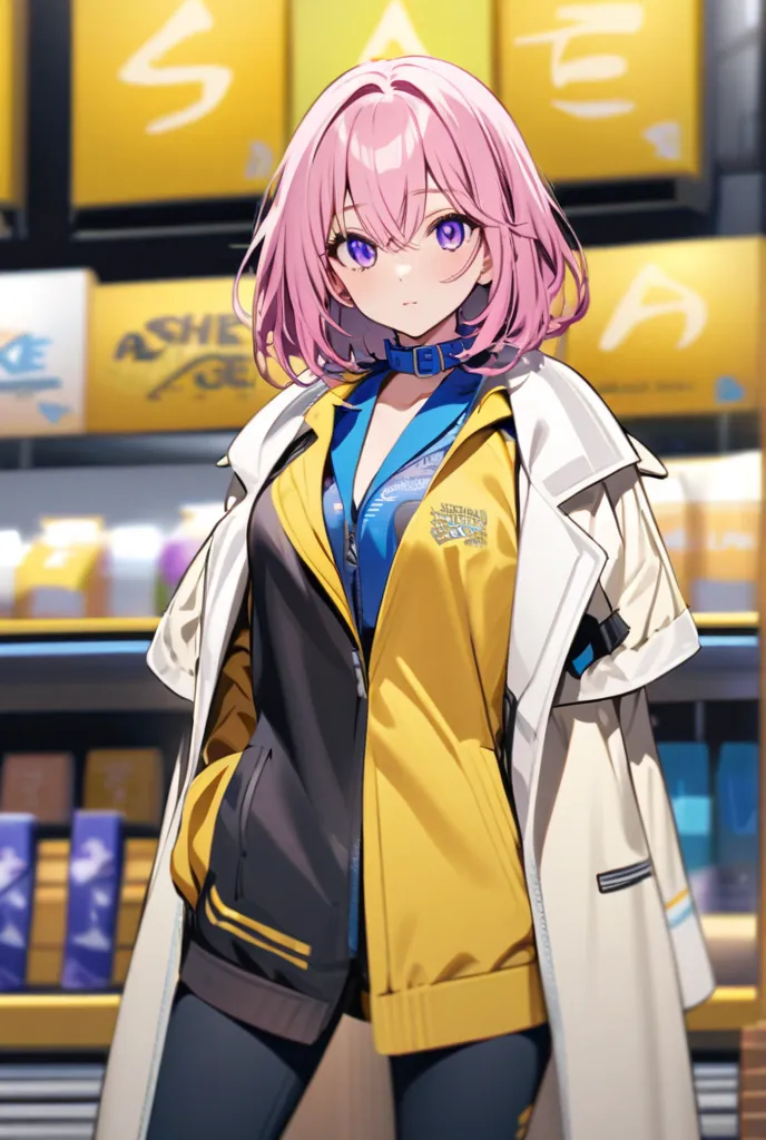 she has pink hair, purple eyes, yellow clothes, wear a short white coat over the top,  pants, wear a blue collar around her neck and she's  , She's a ager . 