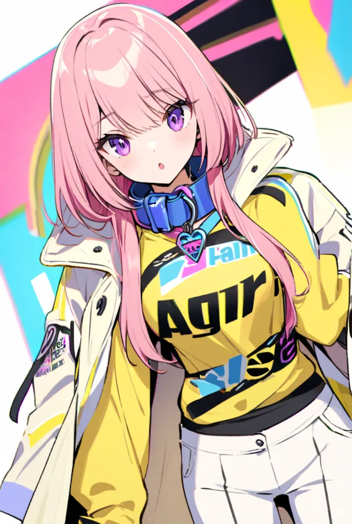 she has pink hair, purple eyes, yellow clothes, wear a short white coat over the top,  pants, wear a blue collar around her neck and she's  , She's a ager . 