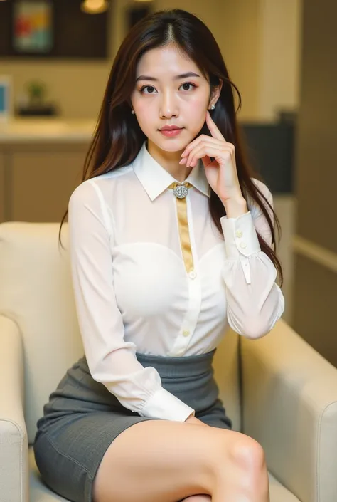 a young woman seated on a light-colored chair in an indoor setting, likely an office or lounge. She has long, dark hair styled neatly, and her expression is poised and confident. She is dressed in a professional yet stylish outfit, consisting of a white bl...