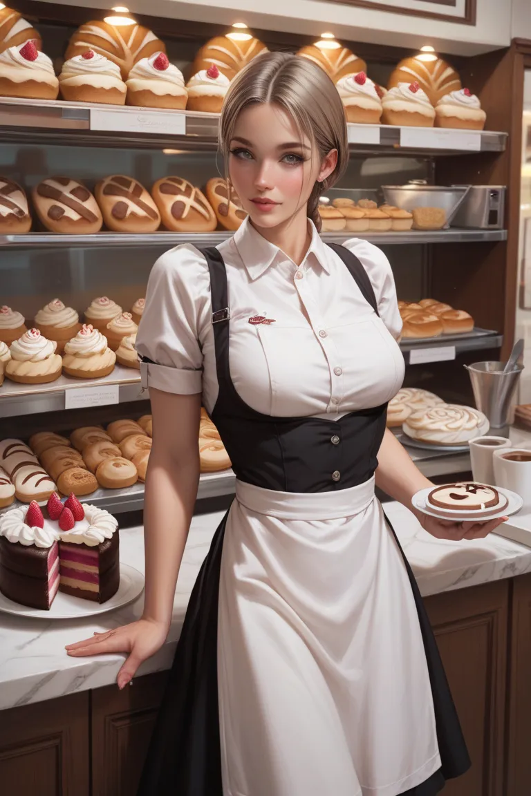 Girl in low-cut waitress clothes, very big boobs, in a bakery, Leaning on the counter, Offering a cake,  innocent expression 