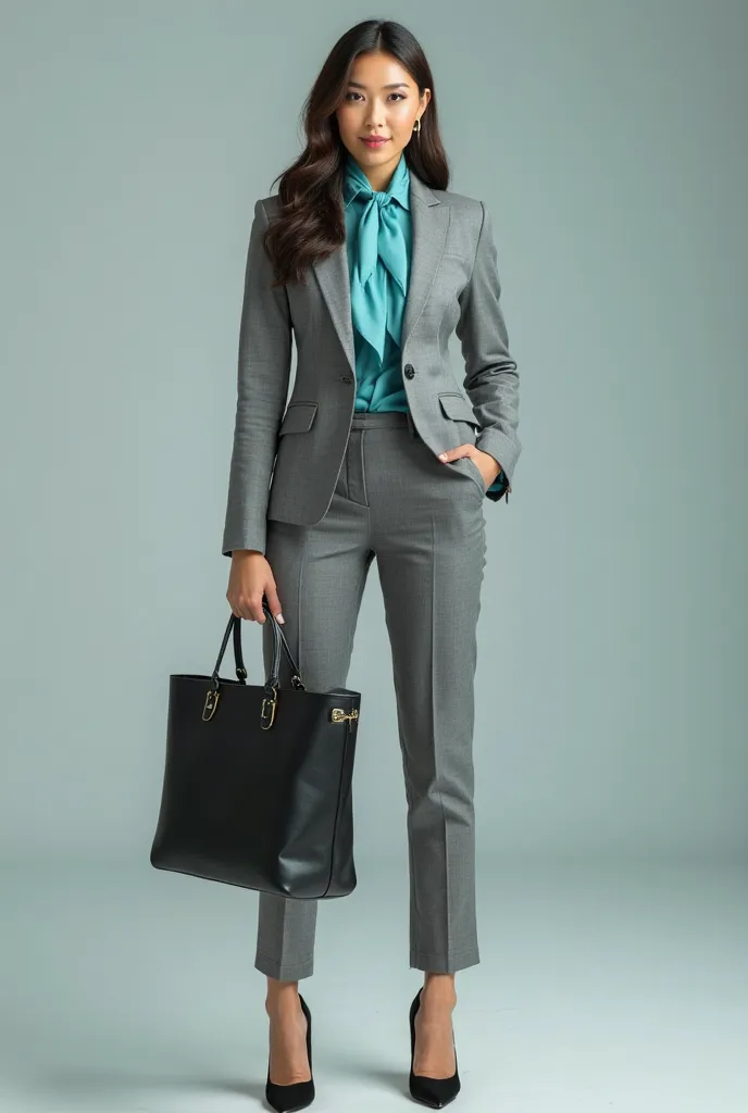 CREATE ME AN IMAGE OF A SALES EXECUTIVE WITH HER WELL-DETAILED UNIFORM WITH HER GRAY JACKET AND PANTS AND A TURQUOISE SHIRT, HIGH-HEELED SHOES IN BLACK AND A SKY BLUE HANDKERCHIEF TIED AROUND HER NECK AND CARRYING A LUXURY EXECUTIVE FOLDER IN A BLACK HAND