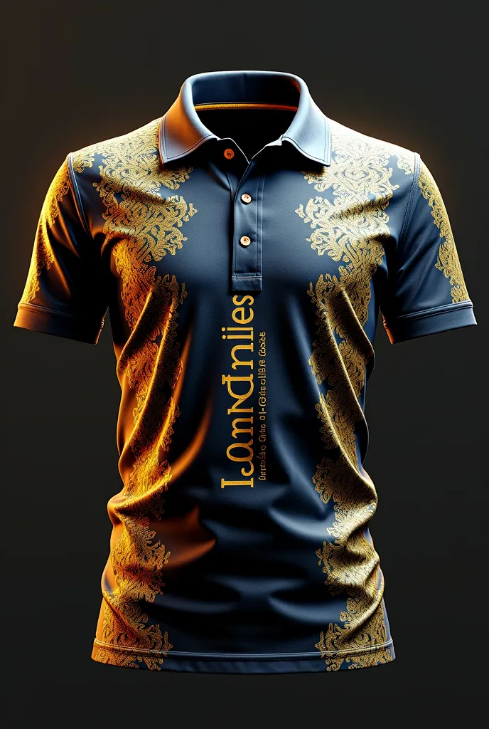 A polo shirt decorated in gold with the texts "Los Rumies" and "LANDIVAR"