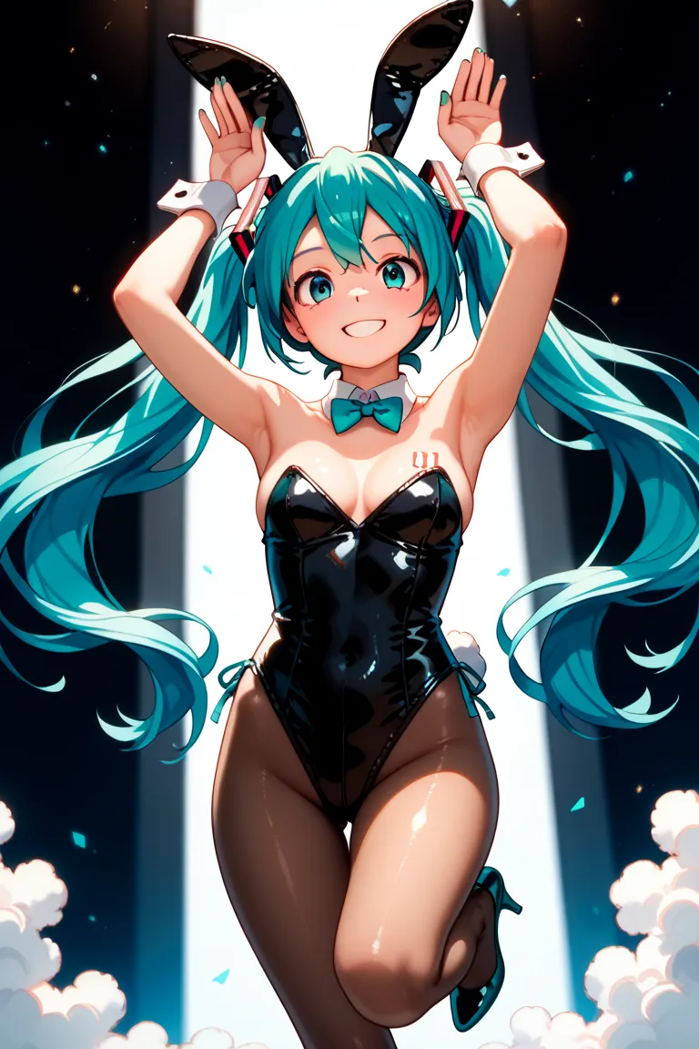 (best quality),(masterpiece),(8k),(high resolution), detailed hair, detailed clothes , Alone , woman , Hatsune Miku ,  turquoise hair  , twin tails , smile ,  create a perfect body line  , red 01 tattoo on one upper arm ,  exact finger , Light effects , Ha...