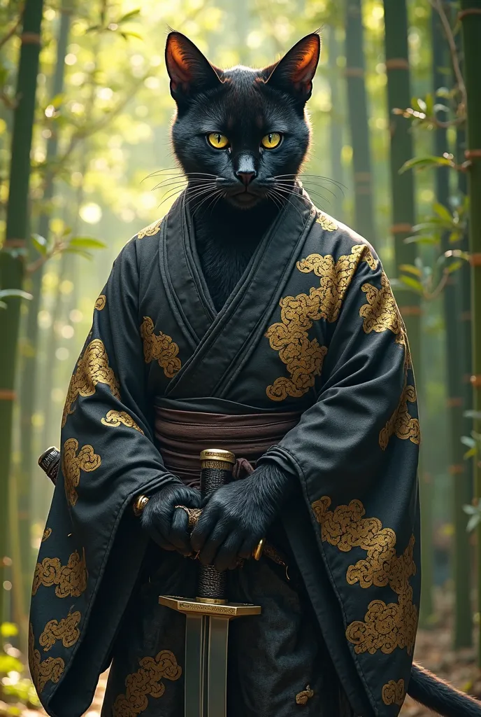 full body black tabaxi samurai wearing a black kimono with golden clouds. He has one blue and one green eye. I want it to be very realistic and show him in full in a bamboo forest