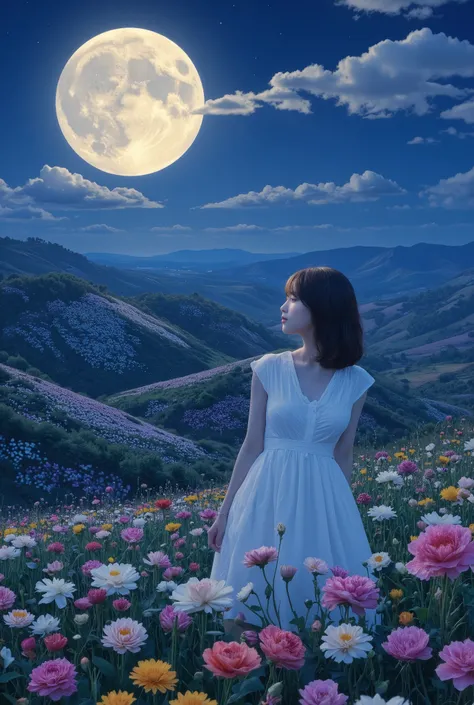 Create an image of a stunning 20-year-old Japanese girl with fair skin stands gracefully in a moonlit flower field. She has medium-length straight hair with parted bangs, and she wears a white summer dress. The background features a stunning patchwork of f...