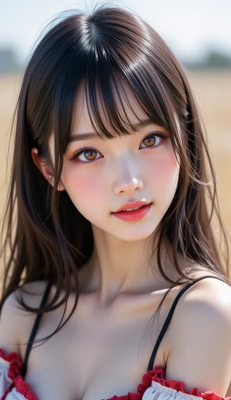 Hi-res,  super high quality, 32K, surreal, Realistic photos:1.37,  beautiful woman, , Beautiful details ( eyes, Long eyelashes, Lips), , and her hair,  bangs:1.3, Ji Qie, puppet, Charming Smile, Half open mouth, Head tilt, Light blue, Rift, Middle chest , ...