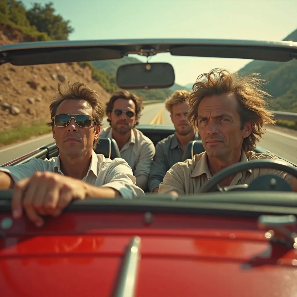 lateral image of four guys driving a red car without roof, high speed, winding hair, blurry image, close-up on one guys' face, album cover, light rays in between