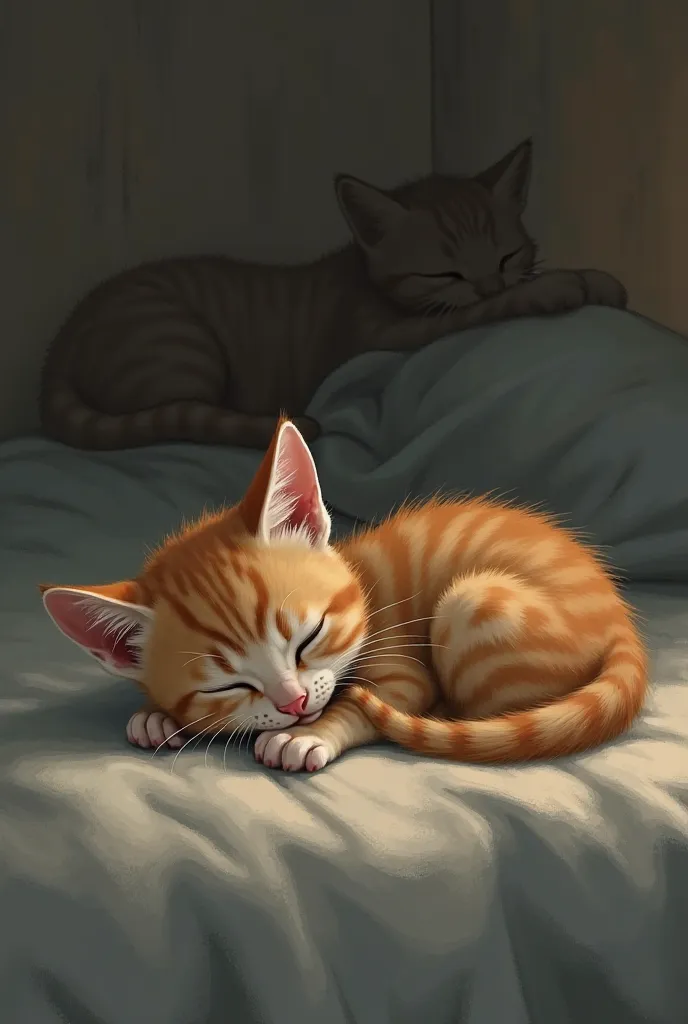 Small orange cat crying while her mother died while lying on bed