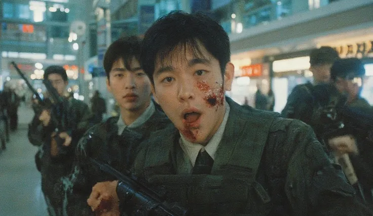 close up of 3 Korean military men carrying weapons, their faces and military uniforms are stained with blood, he looks angry, his mouth is open and he seems to be shouting forward as if staring at someone in front of him, wearing a bulletproof vest, the ba...