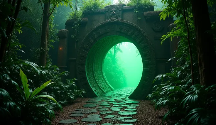 An ancient underground tunnel entrance in the Amazon, with intricate carvings and eerie green light glowing from within.
