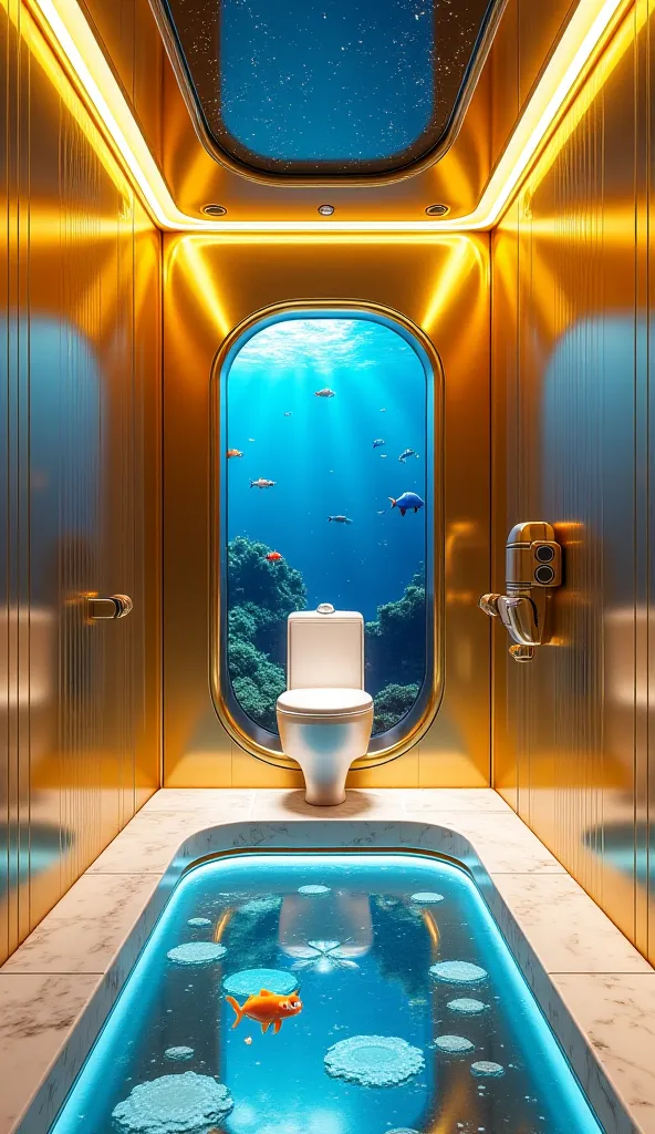 A hyper-realistic, ultra-luxurious futuristic restroom palace designed with the most advanced technology and opulent materials. The walls are made of pure gold and platinum with intricate detailing, reflecting a sleek, modern aesthetic. The AI-powered toil...