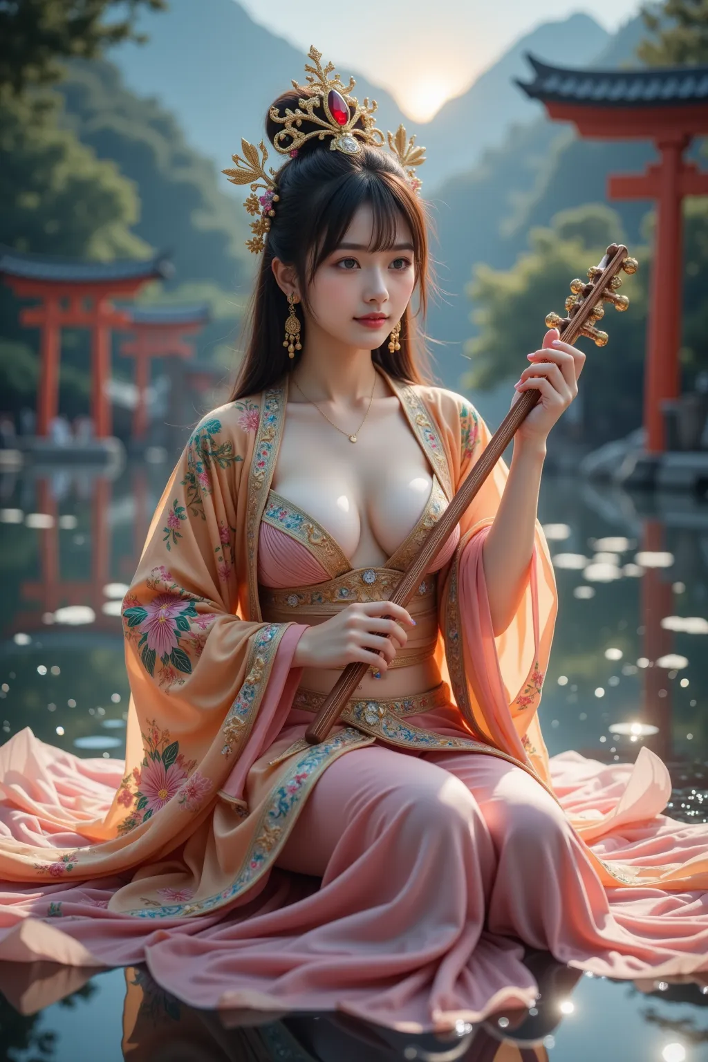 Benzaiten is depicted playing biwa、wears costumes suitable for traditional goddesses。That costume is based on bright pink yellow red blue、have a realistic, high quality finish、The kimono is delicately embroidered。protecting her、The glittering decorations a...