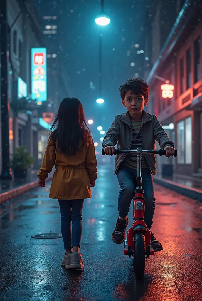 a girl and a boy on the street at night, a boy riding a scooter, detailed facial features, dynamic poses, street lamps, city skyline, neon lights, wet pavement, moody atmosphere, gritty urban setting, cinematic lighting, photorealistic, 8K, HDR, physically...