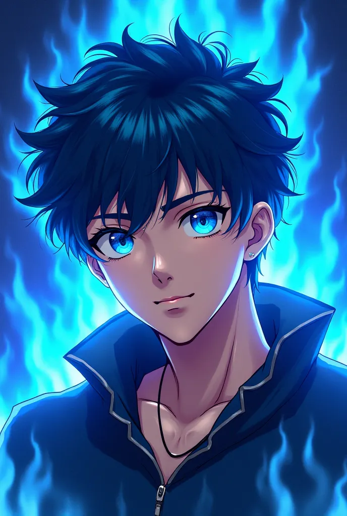 Flamy blue background with a bold picture of An anime character with blue eyes and cmooth curly hair, handsome favial features and jawlines that is striking