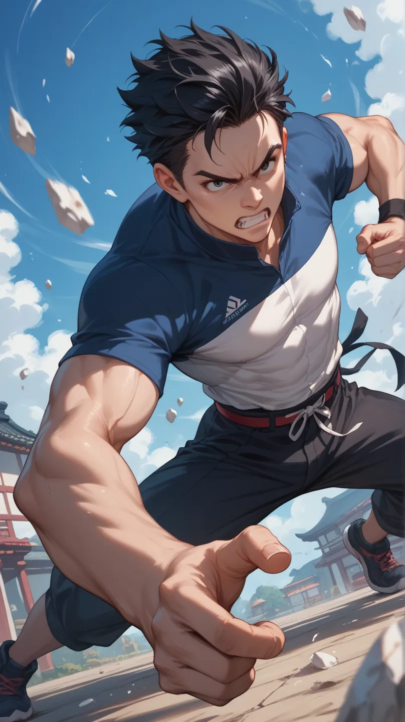 Create a boy in anime style, Black hair,  medium length , That I am furious in an action pose. 