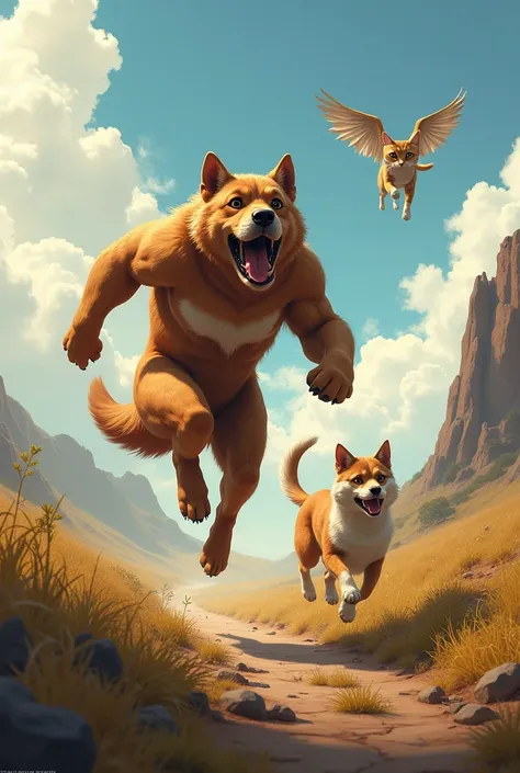 A big dog follows a flying cat