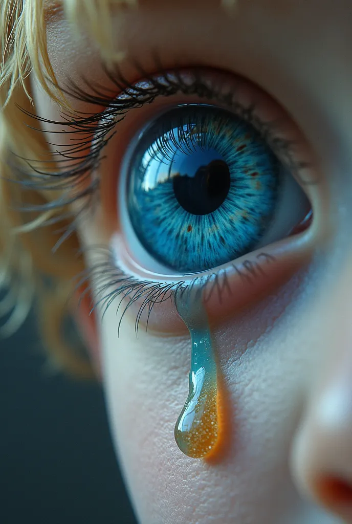 Hyper realistic blond boy standing infront of a big beautif ul crying blue eye tear coming down from the eye, the boy wipe the tear away with a cloth 