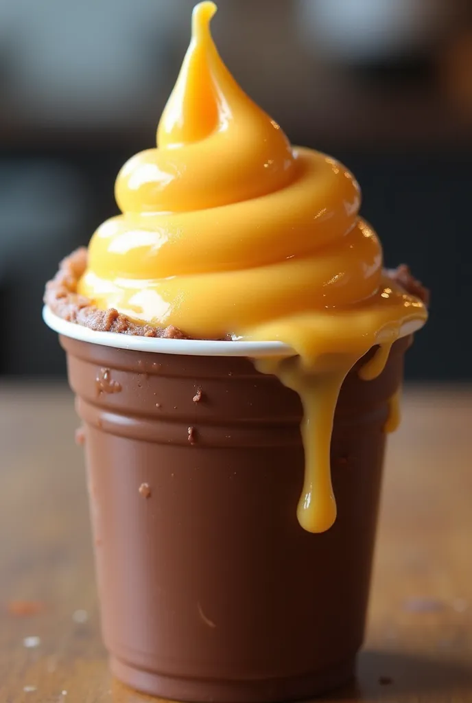 Sticky chocolate ice milk with cheese on top in a plastic cup looks very fresh and delicious