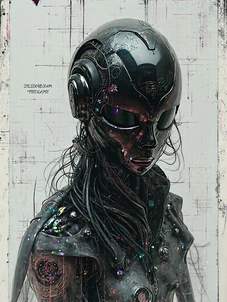 
Gritty scifi concept art and avant garde post photography. Create a captivating half-body shot of an abstract sci-fi faceless android mannequin, exuding an aura of futuristic mystery. The mannequin should be crafted from reflective holographic gloss black...