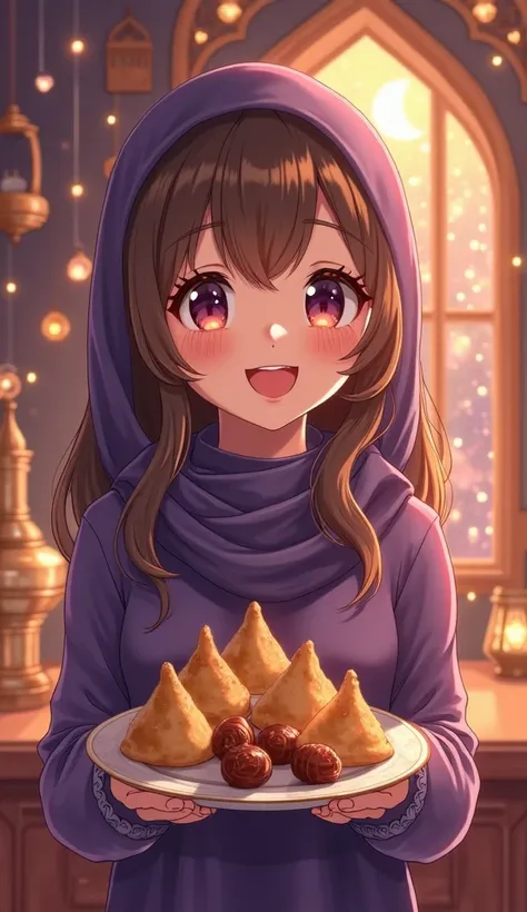 "The Ramadan scene  : A smiling anime girl holding a samosa dish, a plate of dates,Samosa, love, spacious and luxurious Ramadan room, more love details, realistic, phrase [Samah] It is written in a beautiful and illuminated script and the phrase 7th of Ram...