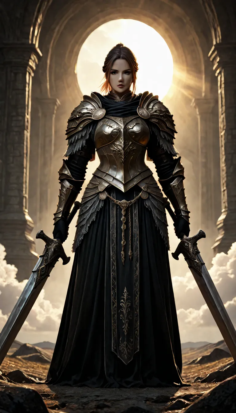 elden ring female knight character, sexya female knight from the elden ring universe, wearing heavy armor with intricate details, standing in a medieval fantasy landscape, with a determined expression, holding a large sword, sunlight streaming through the ...