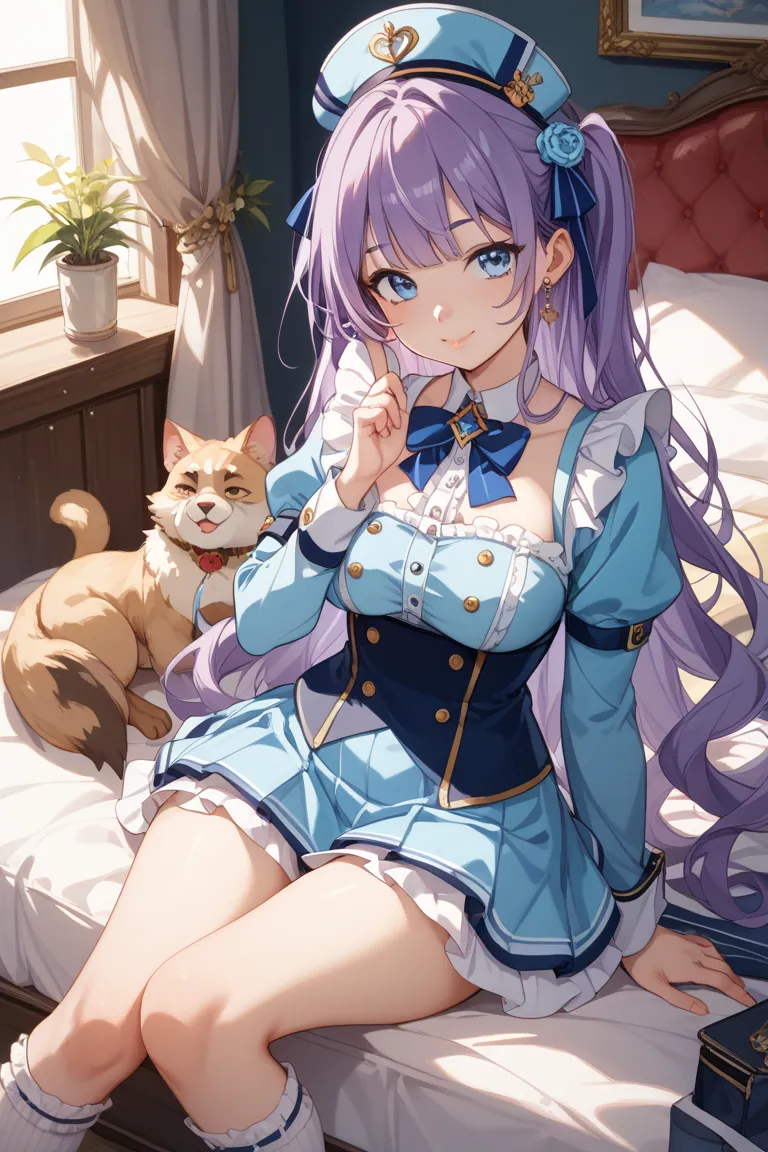 1 girl、furry clothes、sitting、frill socks、Kind face、 straight hair 、idol、cute、（Purple Hair）、Blue Eyes、puffy lips、sagitales、In uniform、masterpiece、top quality、Light blue clothes、 small tits、human、 long hair 、uncorrected