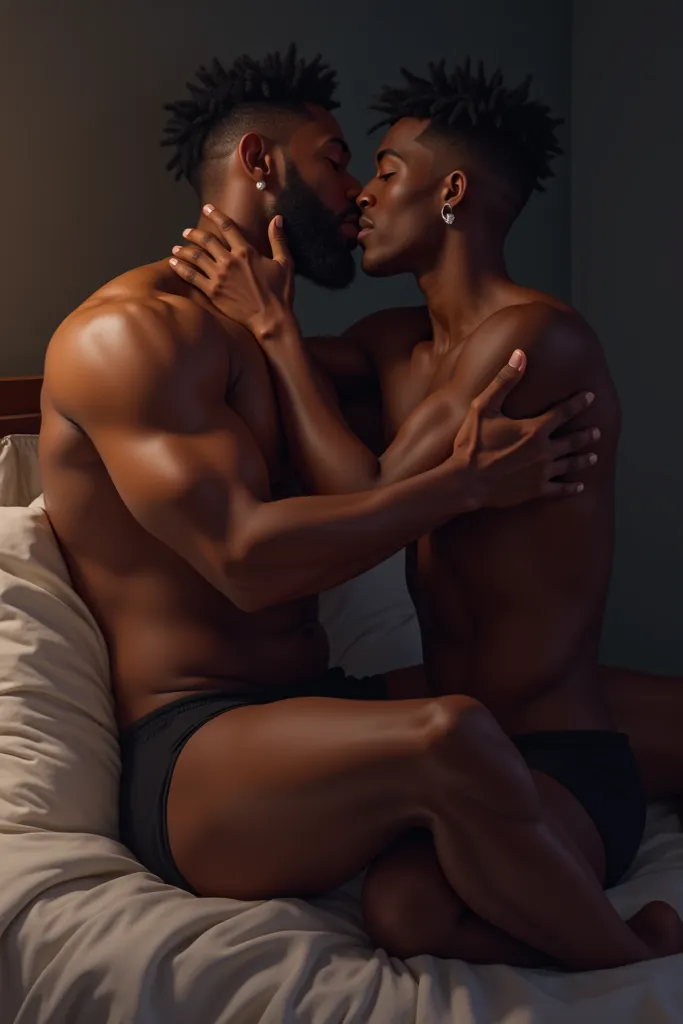 Two black men kiss in bed