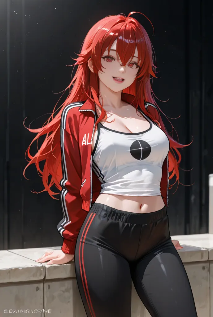 A young woman with messy long red hair. Her eyes are red, conveying a happy expression. She wears a red sports jacket with black and white details, over a fitted striped tank top with red and black stripes. Black tracksuit leggings. The background is simpl...