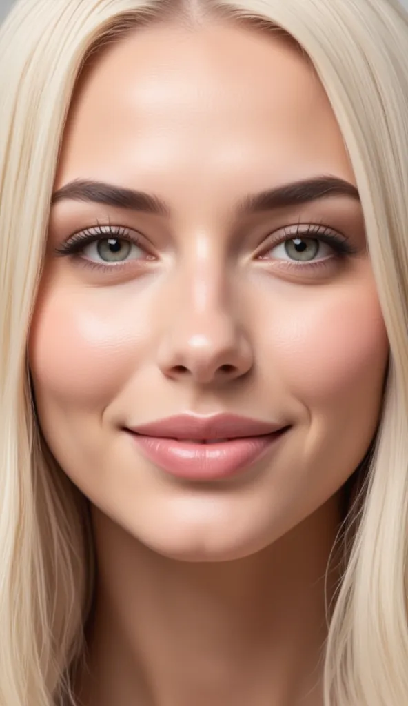 Close-up portrait of a women with long, straight, platinum blonde hair with a slight wave at the ends, smooth and well-maintained. She has almond shaped light green eyes, framed by long, dark eyelashes, and well-groomed, dark, arched eyebrows. The skin is ...