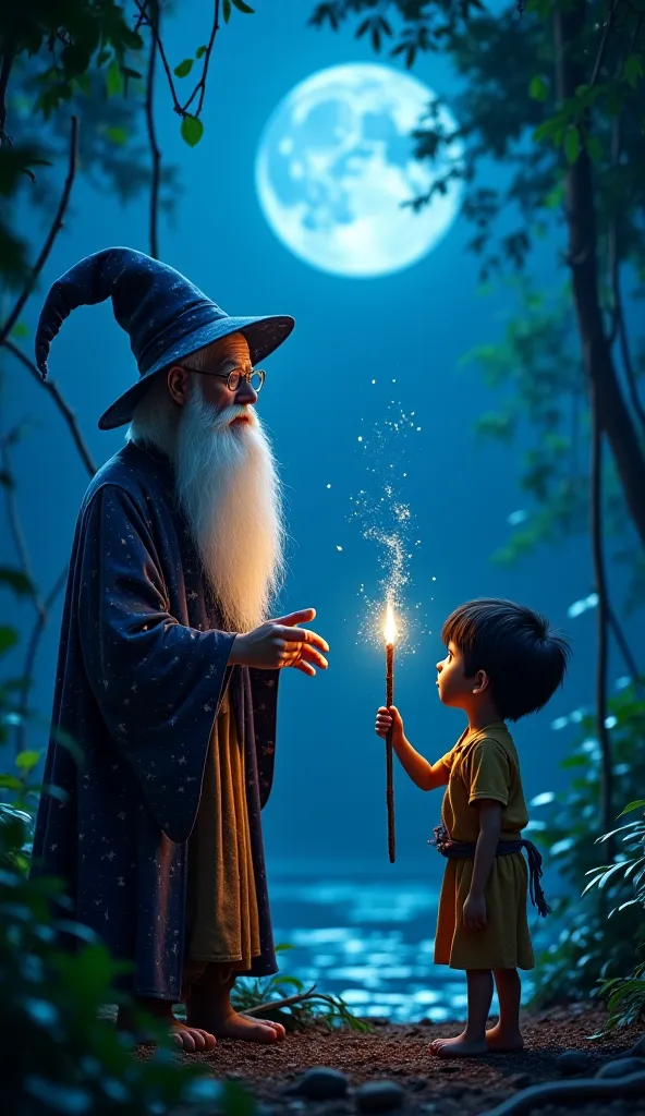 "An old wizard with a long white beard and a starry robe, standing in the jungle, talking to a guilty-looking Chintu. The magic wand floats between them, glowing faintly. Moonlight bathes the scene in a mystical blue hue."