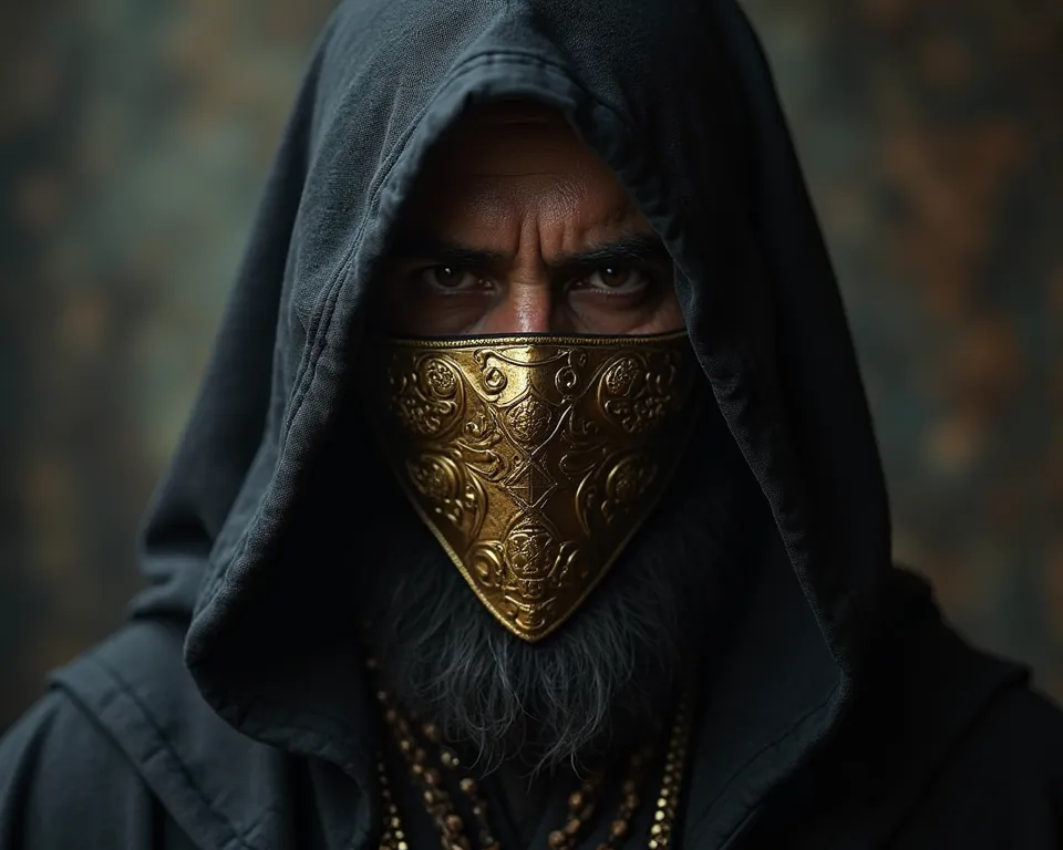 Close-up of an Achaemenid Zoroastrian Magus wearing a black hood and a golden mystery face mask.