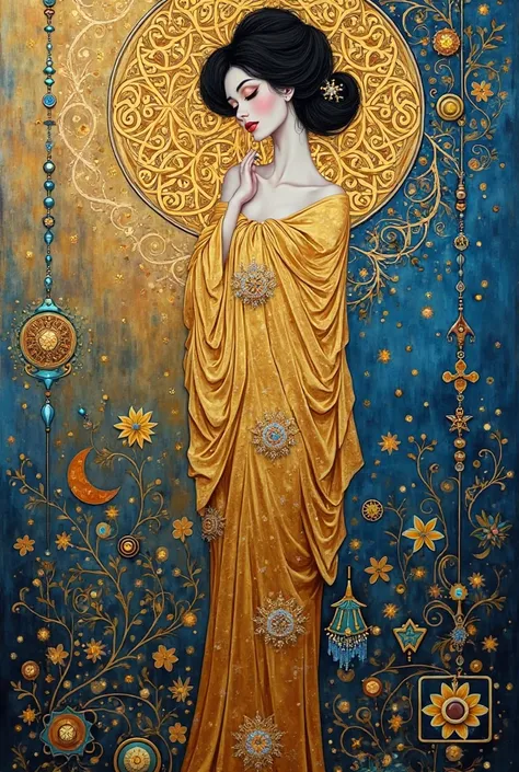 Background in the style of the painter Gustav Klimt for a gold painting,  bronze and blue 