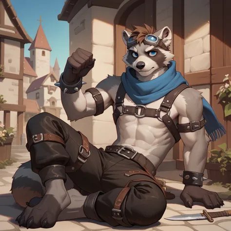 solo, furry, raccoon, grey body, spiked brown hair, Detailed body fur, long blue scarf, leather_harness, black baggy pants, goggles, masterpiece, gray body, Detailed face, big eyebrows, blue eyes, detailed eyes, No muscles, Detailed hands, Flat body, Skinn...