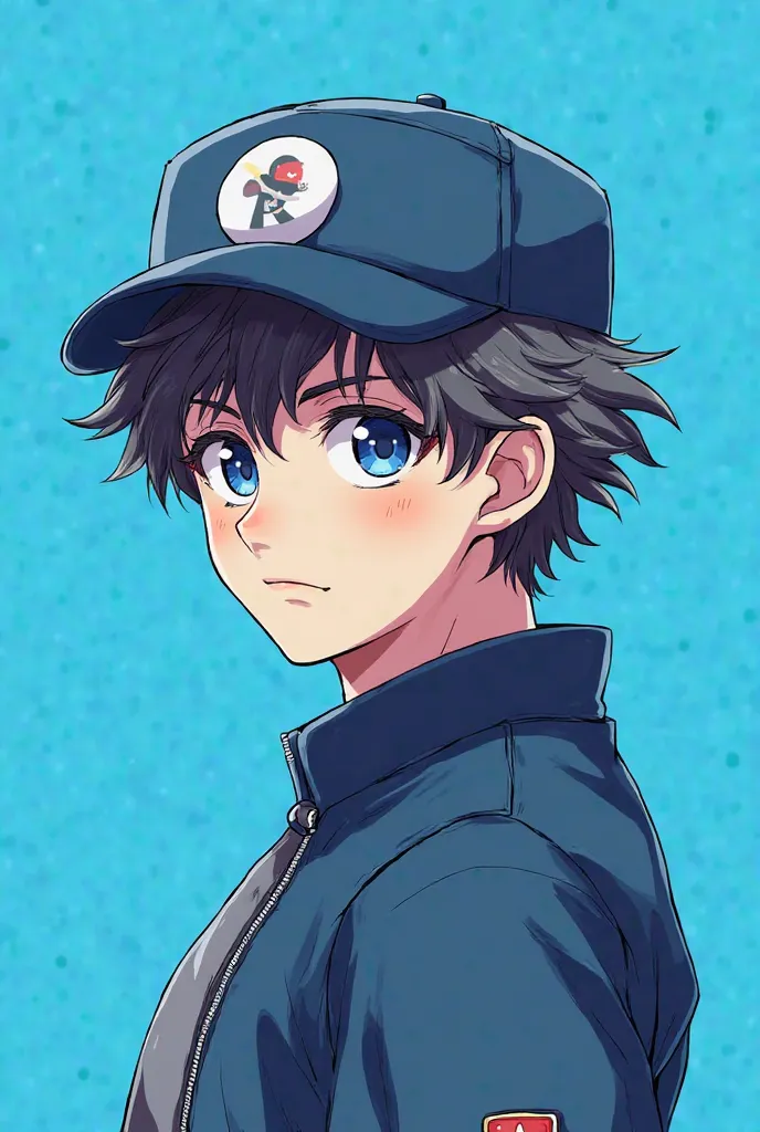 Flamy blue background with a bold picture of An anime character wearing a cap, looking sideways, with a calm look and blue eyes and smooth curly hair, handsome favial features and the name "Dynamight" appended as a signature on the picture frame or backgro...