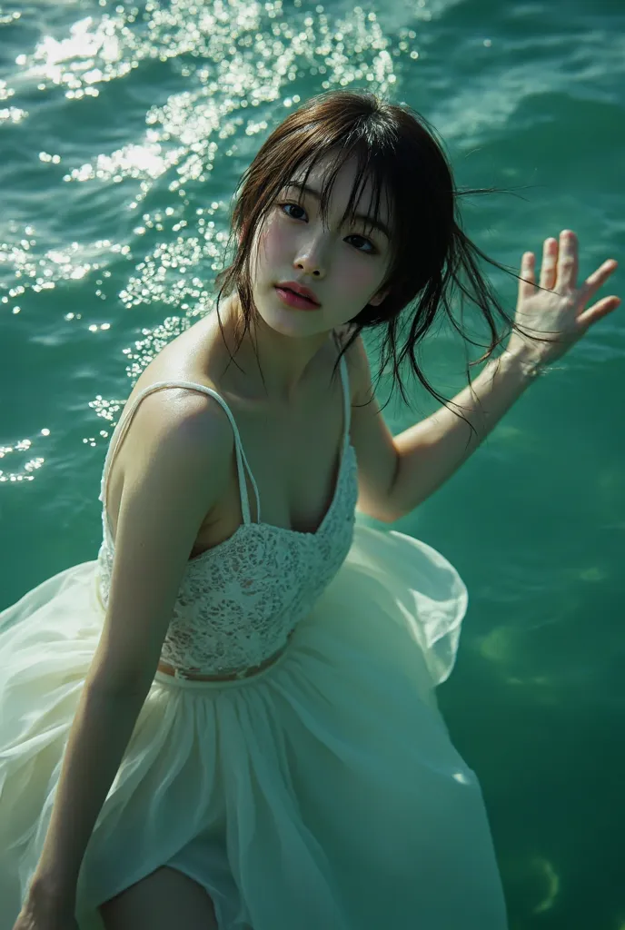 ((highest quality)), ((highest quality、masterpiece、High sensitivity、High Resolution、detailed description、depicting a delicate face)), Slender Woman、、 、Sea of emerald、diving and swim、