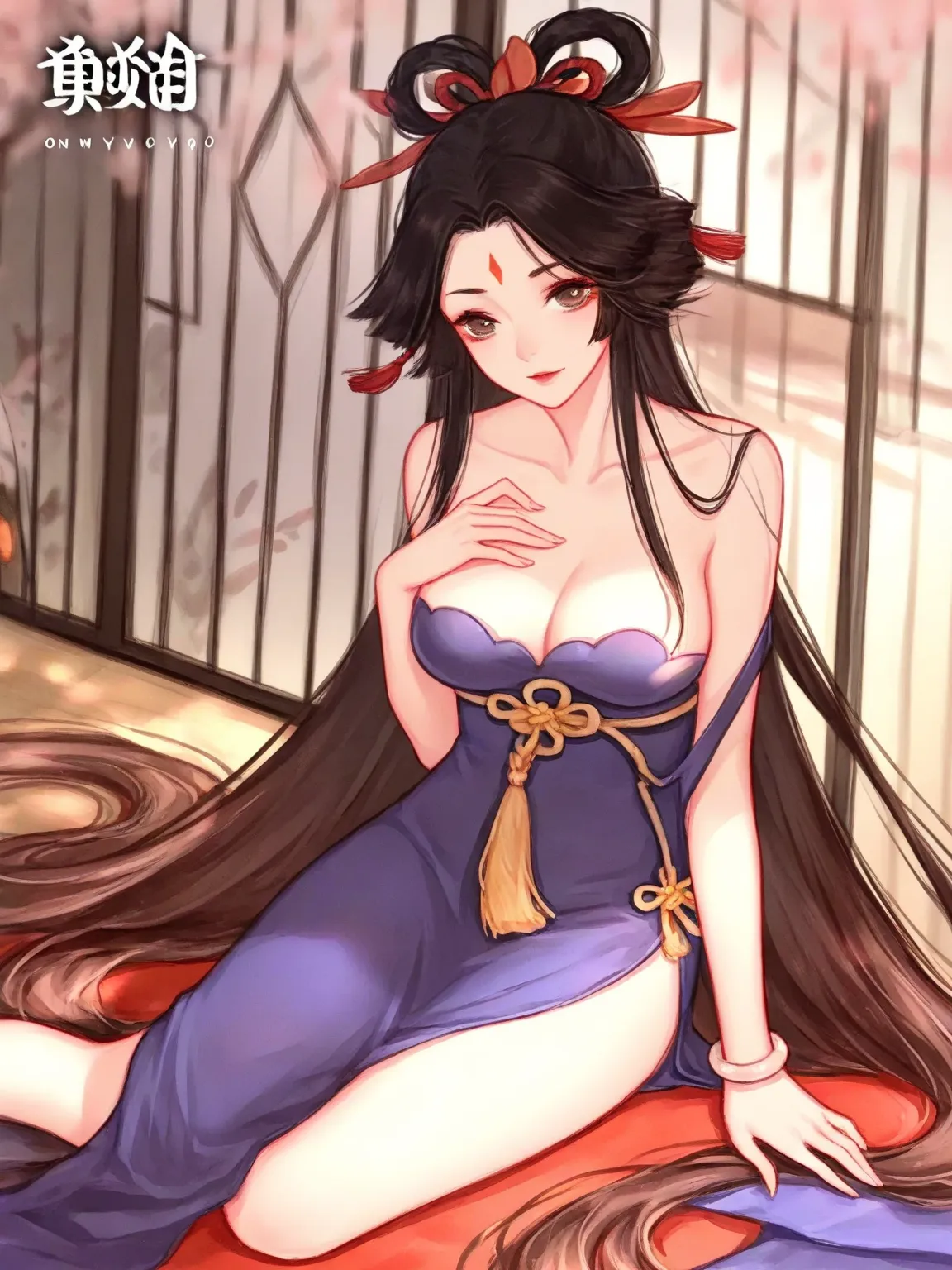  hand-drawn art style ： Onmyoji， Attractive anime girl，Wear a gorgeous dress，big eyes，Delicate release，Beautifully swore。sitting on the ground