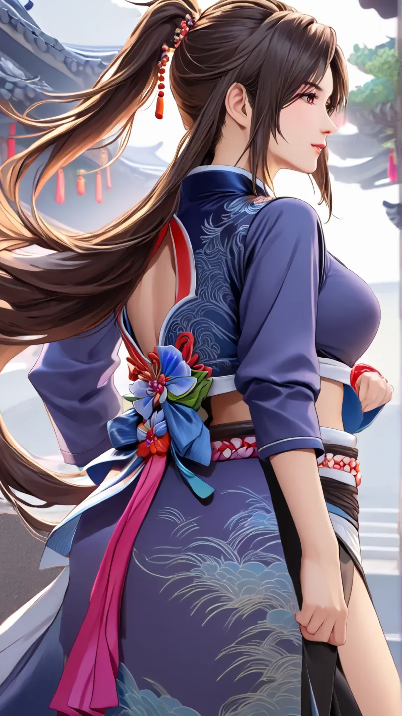  (super detailed,  best quality by the police, High image quality,  8,000),  Gorgeous costume designer Hans Hartung style  ,  1 girl,  The bright colors , (One-sided ponytail,   long hair,   Side locks on the back of the lower bust  :1.3), (  lower chest p...