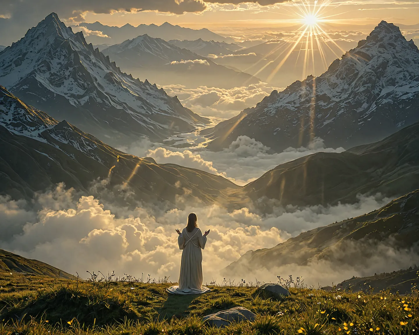 A serene, peaceful landscape at dawn with soft golden light breaking through clouds. A lone figure on their knees, hands raised in prayer, with an aura of hope and faith surrounding them. The background is a tranquil mountain view with light rays symbolizi...