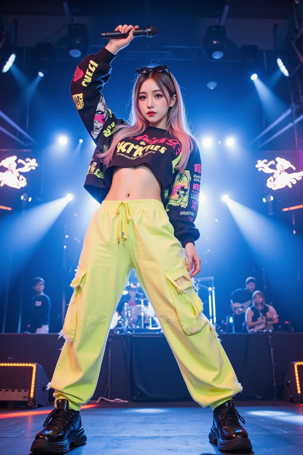 A breathtakingly beautiful young woman commands the massive live stage, surrounded by vibrant neon lights, LED panels, and dynamic spotlights. She exudes the charisma of a top-tier K-pop idol, striking a powerful and expressive dance pose, holding a sleek,...