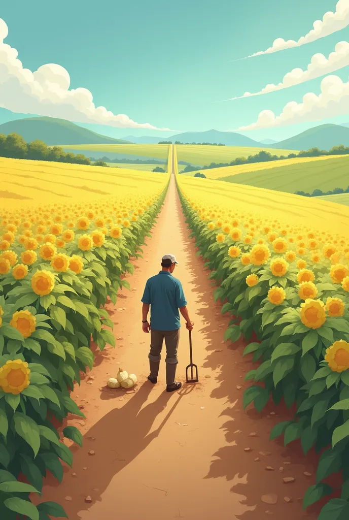 Create an illustration that emphasizes perspective, with the yam goals extending toward the horizon. The farmer can be shown in the foreground, working, while the yam goals recede into the background, becoming smaller and smaller.