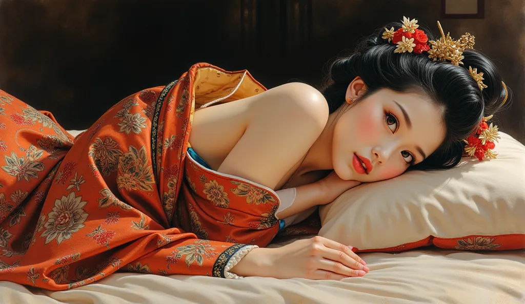 the proportions and detailed textures multicolored brushwork and softened with airbrush, a semi-realistic ink china illustration A young traditional geisha is shown lying on her right side on a futon (full body pose and in high quality) wearing traditional...