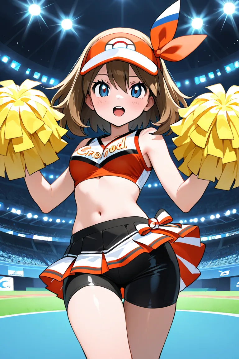 Create an image of May from Pokémon wearing cheerleading clothes in a stadium under Mayse's skirt you should see black shorts and only May should appear in the image