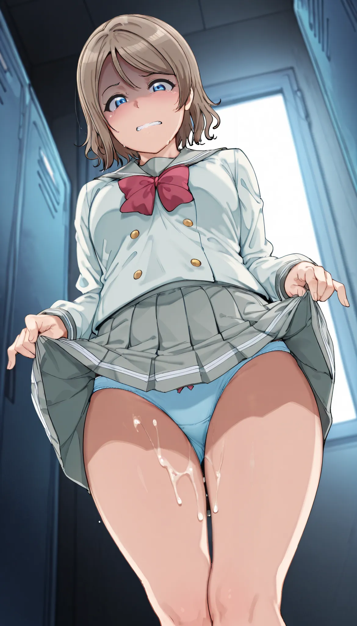 lift skirt,focus on panties, 
,looking down at viewer, from below, very low-angle shot, (from below:1.8},
,BREAK,

you watanabe, watanabe-uniform, 1girl, blue eyes, short hair, brown hair, uranohoshi school uniform, school uniform, skirt, pleated skirt, se...