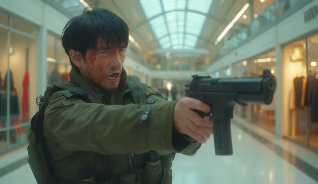 a Korean military man carrying a gun, and as if pointing his gun forward, his face and military clothes have blood stains, he looks angry his mouth is open and seems to be shouting forward as if staring at someone in front of him, wearing a bulletproof ves...