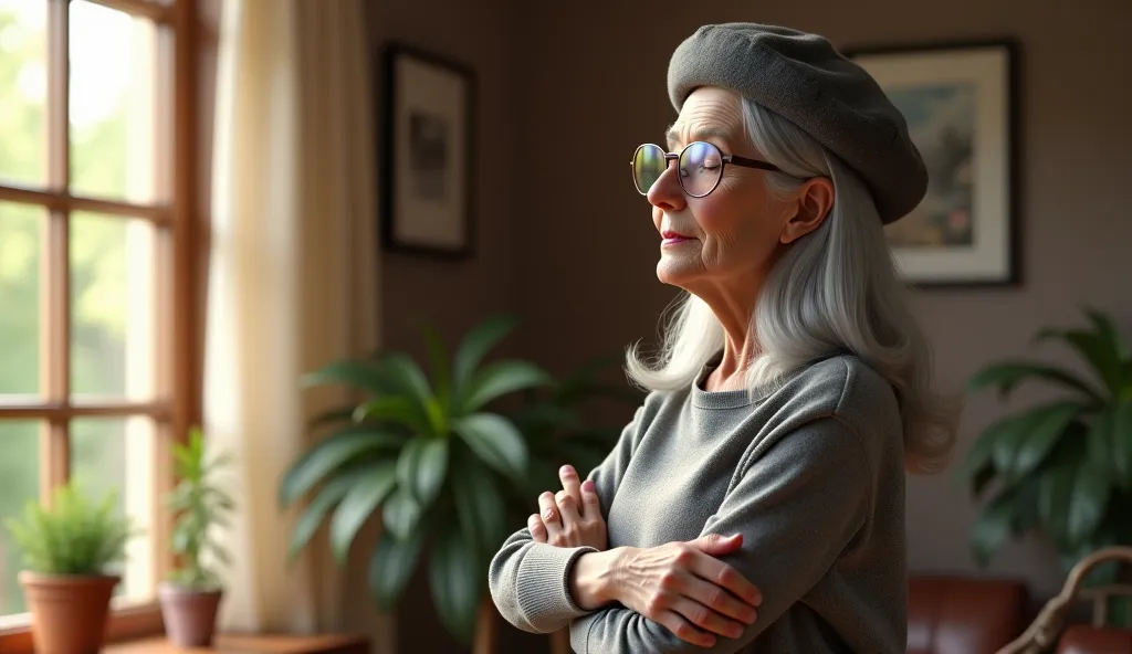 (photorealism:1.2),"An elderly woman with long gray hair, wearing a gray beret and glasses, standing in a bright, cozy indoor space. She has a peaceful and reflective expression, with her eyes gently closed as if in prayer or deep thought. Her arms are cro...