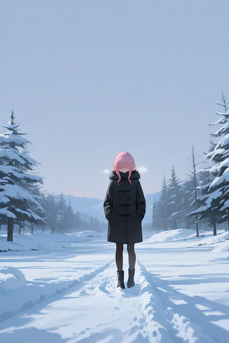 1 girl, pink hair, winter, snow fall, in front of you, sad, focus on character, black outfit, coat