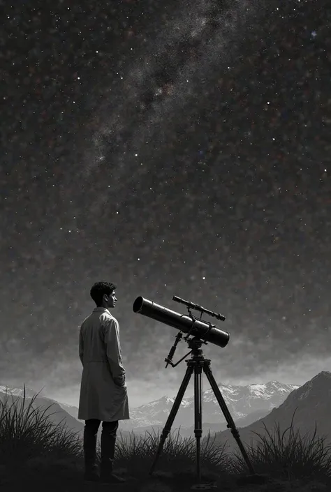 A scientist slightly smiling and a telescope pointed in the sky beside him. Make it black and white with a hint of color. The night sky with stars should be bigger than the scientist and telescope.