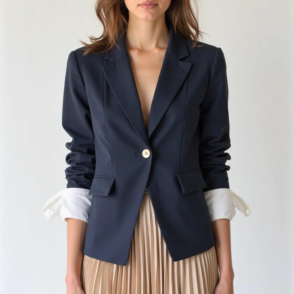 A photo of a woman's navy blue blazer with puffed white shirt sleeves, worn over a beige pleated skirt, against a transparent background.  The image is a studio shot with a focus on the clothing, exhibiting a sophisticated and modern style.
